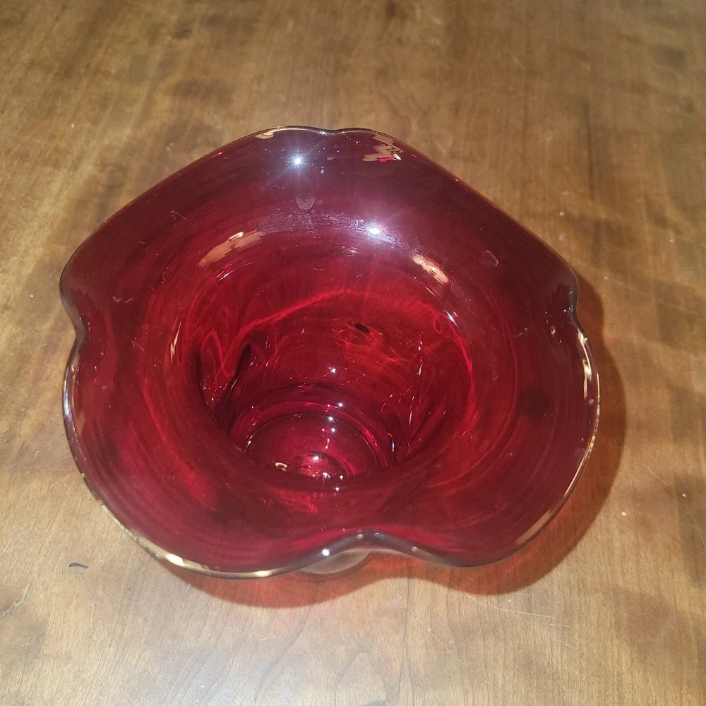 Vintage Bischoff Red Vase,‎ Hand Blown Dimpled Vase with Folded Rim